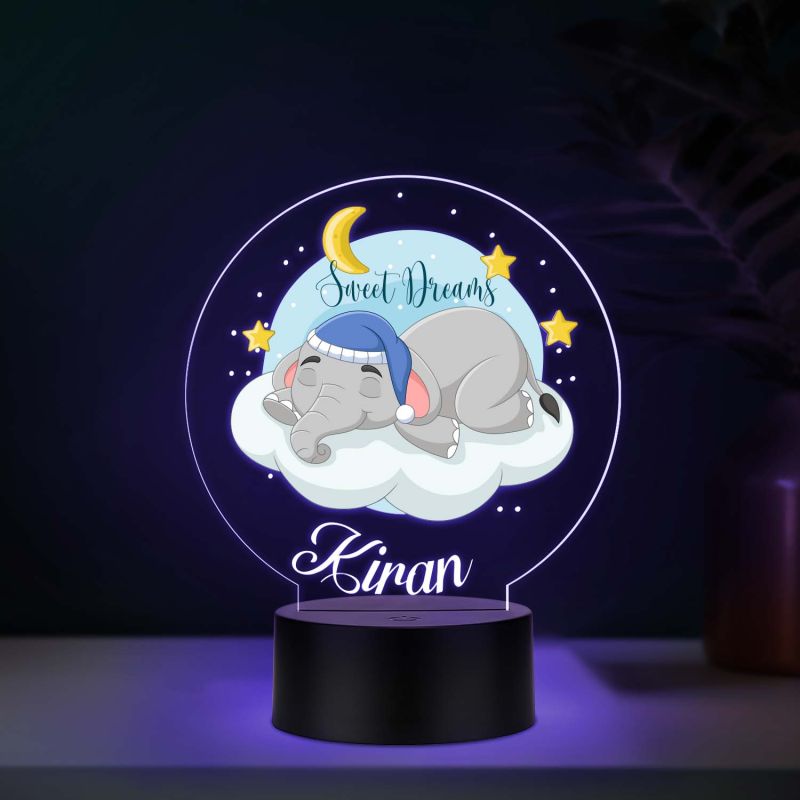 Personalized Sweet Dreams Elephant LED Night Light with Color Changing Nursery Decor with Moon and Stars Theme Bedside Kids Room Desk Table Lamp